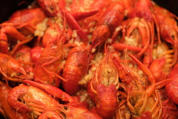 many cooked crayfish close up