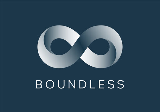 Abstract Vector Limitless Infinite Symbol Logo Template. Infinity Loop Minimalist Sign on a Dark Background. Endless Eight Shape Mobius Ribbon Emblem Concept Negative Space Illustration. Isolated