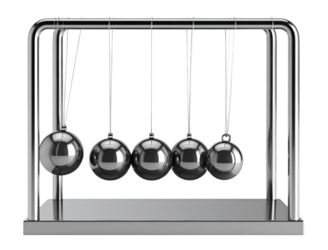 Top View of Newton’s Cradle with Glossy Black Balls in Motion, Isolated PNG