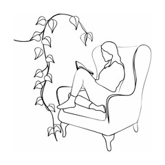 Silhouette of a woman reading a book in a cozy armchair with foliage decor