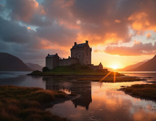 Eilean Donan Castle at sunset. Ancient Scottish castle scenic view. Historic landmark on lake shore, golden hour sky reflections, dramatic sunset. Romantic travel destination.