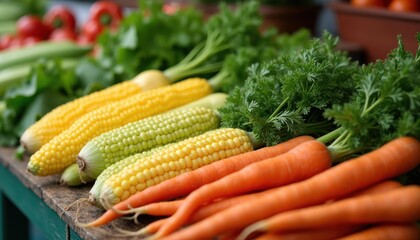Vegetables corn, peas, and carrots on farmer&rsquo;s market stand