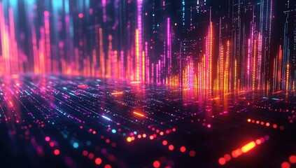 Abstract digital city landscape with vibrant neon lights