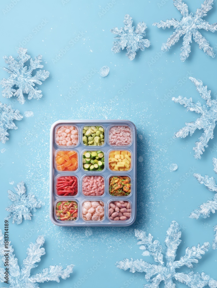 Poster frozen food month poster mockup featuring a snowflake frame and neatly arranged product grid showcas
