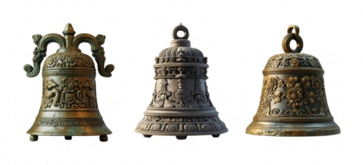 An array of three antique bells, each exquisitely crafted with intricate designs isolated on transparent background, cut out, png, stands as a testament to a bygone era of art and culture.