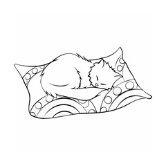 A cute cat snuggled comfortably on a decorative pillow resting sweetly in black and white