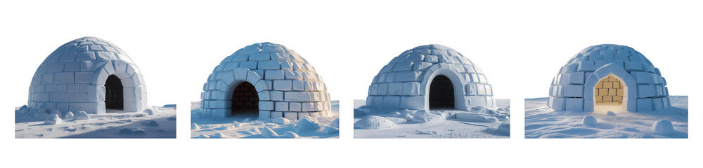 A captivating sequence unfolds, showcasing the architectural ingenuity of traditional igloos set against a wintry expanse of pure white snow, isolated on transparent background, cut out, png