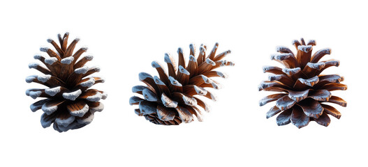 Three pine cones, each bearing delicate snow-like frosting, representing winter's gentle artistry, isolated on transparent background, cut out, png