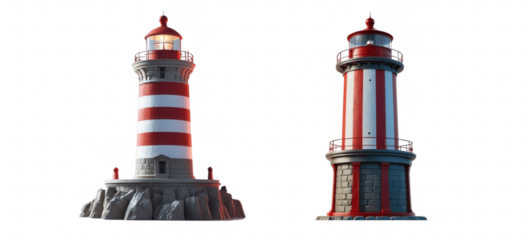 Two lighthouses stand tall, their red and white stripes a symbol of guidance and security isolated on transparent background, cut out, png