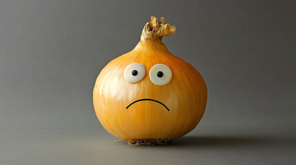 Fototapeta premium A humorous, high-quality image of a yellow onion with a frowning face and googly eyes, styled with a quirky expression against a neutral gray background