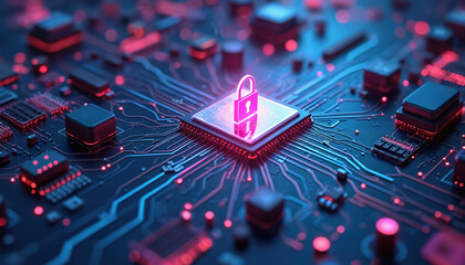 Digital security concept. Illuminated padlock on computer chip with network structure, representing data protection. Cyber security, cloud computing, solutions, modern network solutions. Encryption