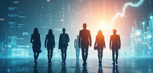 Group of business people walking towards digital background. Illustration of technology startup growth, AI, tech innovation. Teamwork, data code, future development, success.
