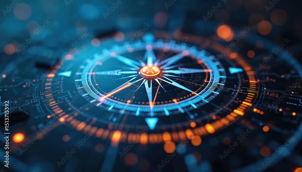 Aufkleber digital compass with glowing lines, particles. tech concept, navigation, direction visualization. no