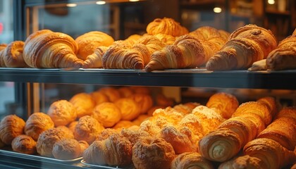 Freshly baked pastries bread arranged on display in bakery shop window. Assorted croissants, buns, donuts. Variety of sweet, savory baked goods for breakfast, brunch, cafes.