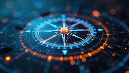 Digital compass with glowing lines, particles. Tech concept, navigation, direction visualization. North, east, south, west directions, futuristic design. Abstract illustration, modern tech innovation.