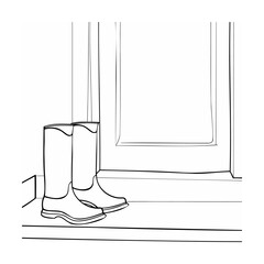 Simple black and white illustration of rubber boots leaning against a door frame