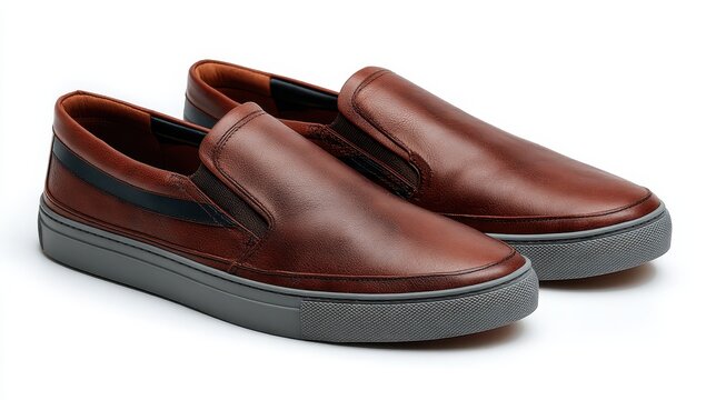 Brown leather slip-on shoes with grey rubber soles and a subtle navy accent stripe. Clean lines, casual style