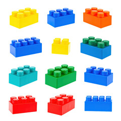 Obraz premium Assorted colorful plastic building blocks arranged in rows with bright yellow, blue, orange, green, red, and cyan pieces on a plain background