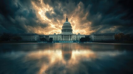 Obraz premium Majestic capitol building reflected in a tranquil pond at sunrise.