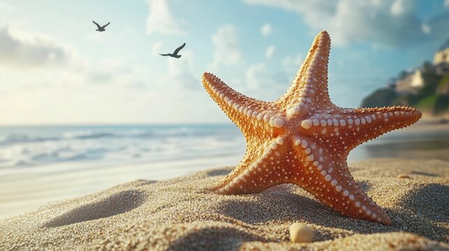 Starfish on sandy beach, birds flying, ocean waves in background. Sunny day