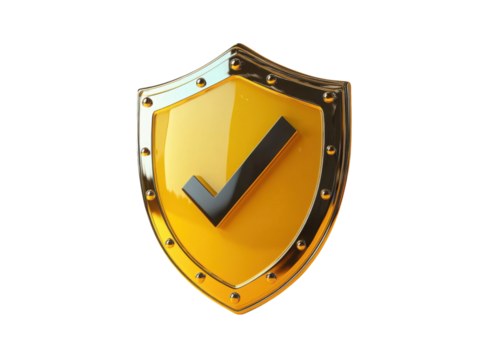 A gold shield with a check mark on it
