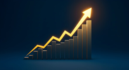 Rising bar graph with golden upward trend line on dark background.