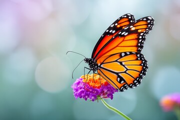 Fototapeta premium Monarch Butterfly on Flower - Vibrant monarch butterfly perched on a purple and orange flower, soft-focus background