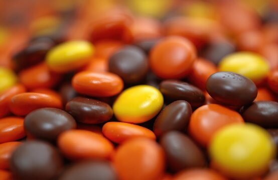 Close-up of Reese Pieces candies with autumn color palette. Peanut butter chocolate candies randomly filled, stack. Delicious snack, dessert for kids, adults, sweet enjoyment. Perfect for fall