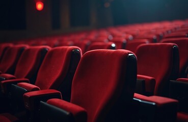 Empty cinema hall with red velvet seats. Auditorium with no people. Movie theatre interior design. Entertainment, film industry concept. Night show, premiere, event, or celebration.