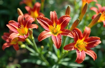 Obraz premium Close-up shot of vibrant red and yellow daylilies in full bloom. Natural daylight, fresh green leaves, bokeh background. Botanical beauty, summer floral arrangements, blooming flowers.