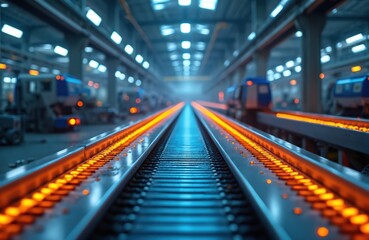 Modern industrial factory interior with automated machinery. Metallic blue steel production technology, conveyor belts, transportation, warehouse, logistic, engineering, assembly. Empty industrial