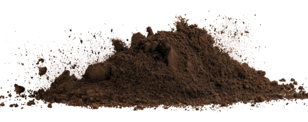 A mound of dark brown soil is piled up against a black background with pixelated edges around the pile