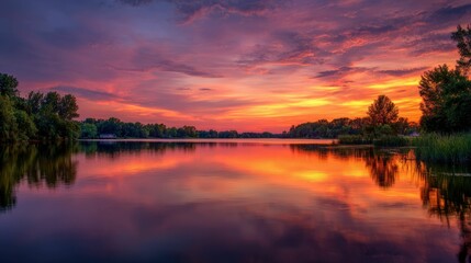 Vibrant sunset reflected in calm lake water, trees line the shore