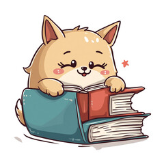 Cute cartoon dog reading books with a cheerful expression and tiny star illustration