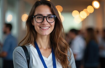 Young woman smiles warmly at pro event. She wears glasses, casual attire, a lanyard, in front of blurred background with other attendees. Businesswoman exudes confidence, happiness, positive energy.
