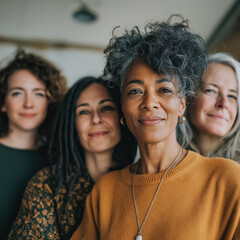 Fototapeta premium Women of diverse backgrounds sharing smiles during a casual gathering indoors