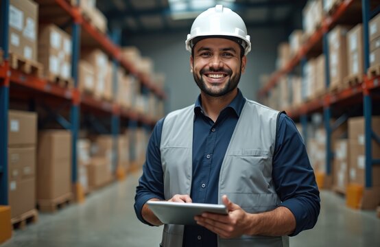 Smiling engineer manager inspector in uniform holding tablet in warehouse. Confident man at work in distribution factory smiling. Warehouse employee with device. Worker with helmet, safety, industry.