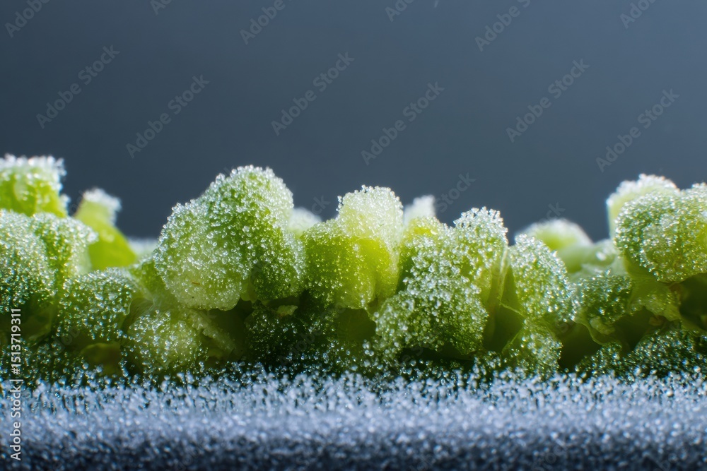 Aufkleber Macro View of Frost Particles on Frozen Vegetable Pack Showcasing Delicate Texture and Shimmering Details in a Cool Setting
