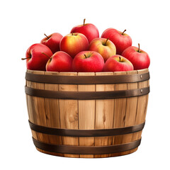 A wooden barrel filled to the brim with ripe red apples against a dark black background illustration