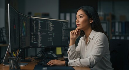 Woman developer coding on computer at office workstation with multiple monitors for software development on transparent background