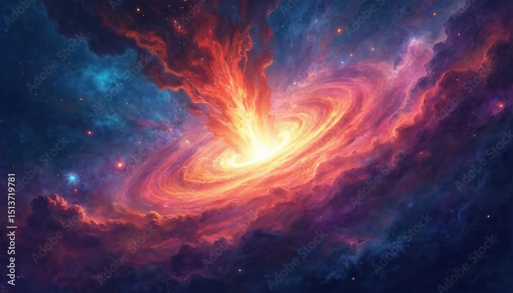 Poster vivid multicolored galaxy illustration illuminated by exploding supernova. cosmic nebula, big bang, 