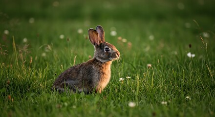 Fototapeta premium Wild brown rabbit sitting in green grassy field with small white flowers