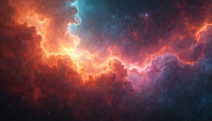 Obraz premium Vibrant cosmic nebula with brilliant colors and swirling gases. Space, galaxy, stars, sky, night, universe, astronomy. Abstract cosmos with blue and orange hues. Beautiful fantasy and science image.