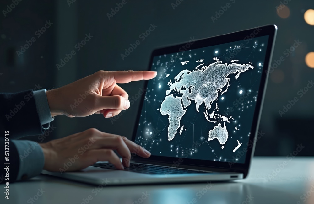 Poster hand points at world map on laptop screen. global business network, digital communication, internet 