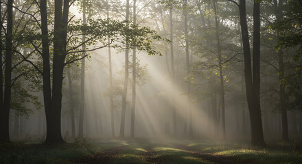 Fototapeta premium Sun Rays Through Foggy Forest