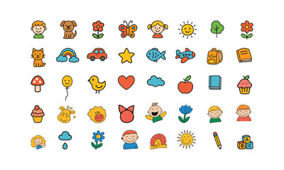 Adorable hand drawn cartoon icons featuring animals plants children and everyday objects