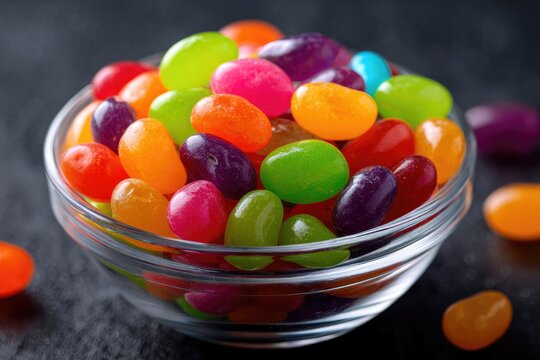 Vibrant jelly beans fill a glass bowl.