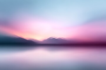 Serene Mountain Lake Sunset - Dreamlike of a tranquil lake reflecting a soft sunset over hazy mountains. Peaceful and calming
