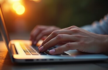 Freelancer hands work on laptop during golden hour with warm lighting. Typing, writing on computer keyboard, surfing the web, online, remote work. Modern digital lifestyle. Business woman job.