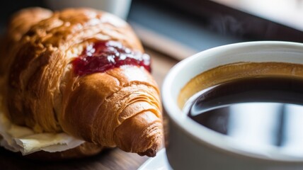 Fresh croissant with jam and coffee on wooden table